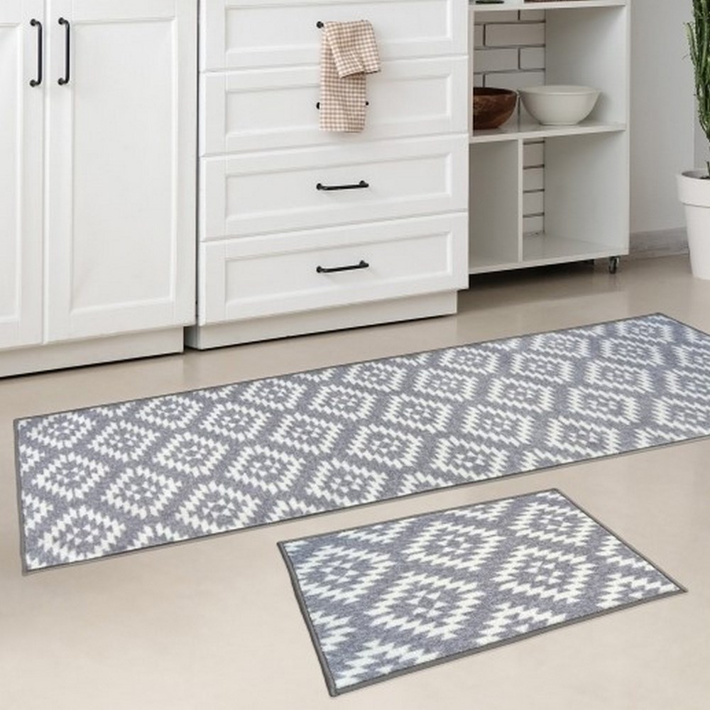 Deco Aztec Modern Washable Runner Mat in Grey